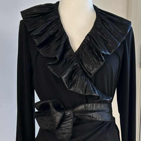 Joseph Ribkoff Metallic Lamé Ruffle-Collar Black Wrap Top with Obi Belt – US 12 - Picture 1 of 8